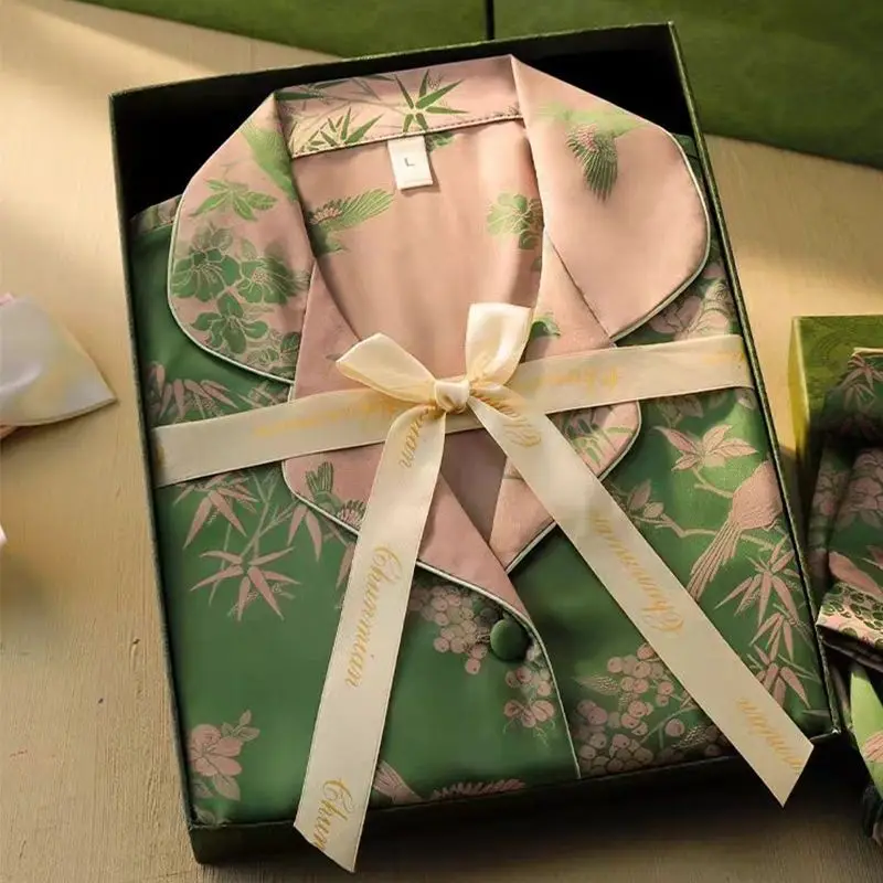 High-end New Chinese Flower Pajamas Sets Women's Casual Print Cardigan Shirts + Pants  2PCS Spring Summer Green Loungewear Suits