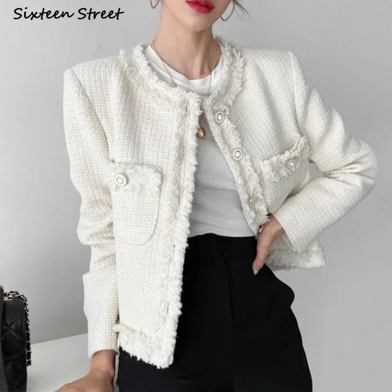 Beige Tweed Jacket Woman Fall Pocket Button Elegant Streetwear Crop Jacket Office Ladies Korean Business Coat Winter Chic 1