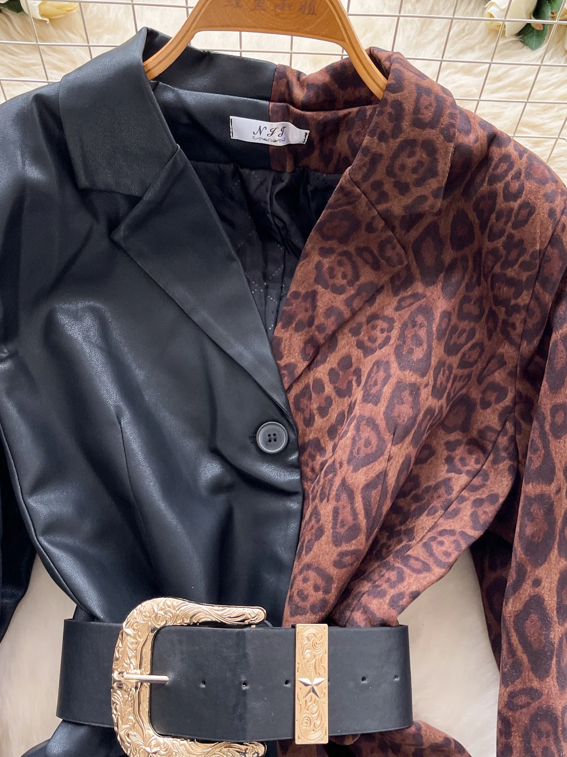 Damen Schwarz Gothic Patchwork Leopard Blazer Jacke Y2k Harajuku 2000er Jahre Vintage Langarm Einreiher Anzug Mantel Oberbekleidung