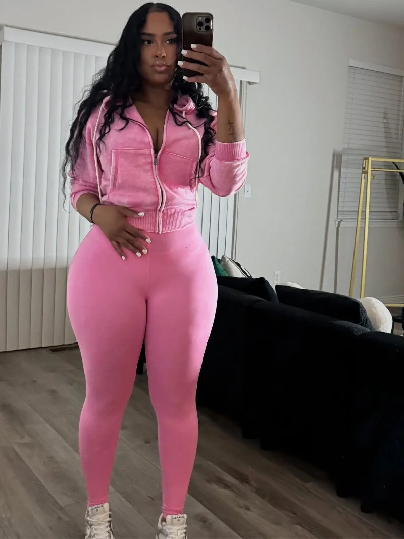 

Спортивные костюмы из стираного флиса, толстовки с капюшоном и длинными рукавами, топ + узкие брюки для йоги с высокой талией, женский модный комплект из 2 предметов, повседневный костюм