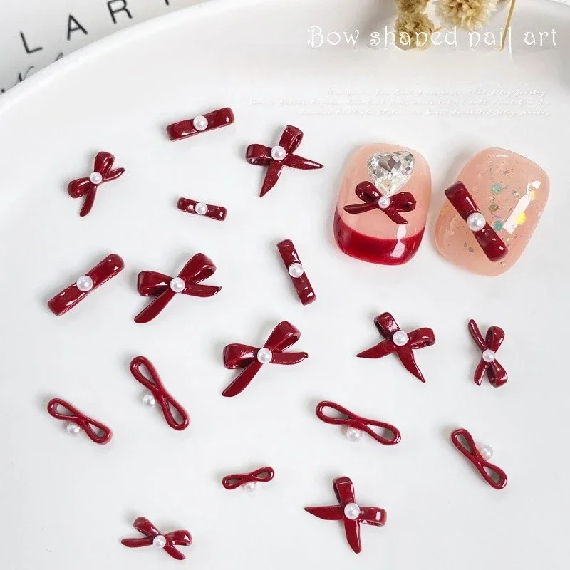 3Pcs New Year Bow Nail Charms,wine red ballet shoe alloy studs with pearls for autumn winter manicure decorative accessories