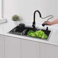 72*45CM 201 Stainless Steel Kitchen Sink Set w/ Anti Splash Pull Out Faucet Deepened Single Basin & Drain Basket