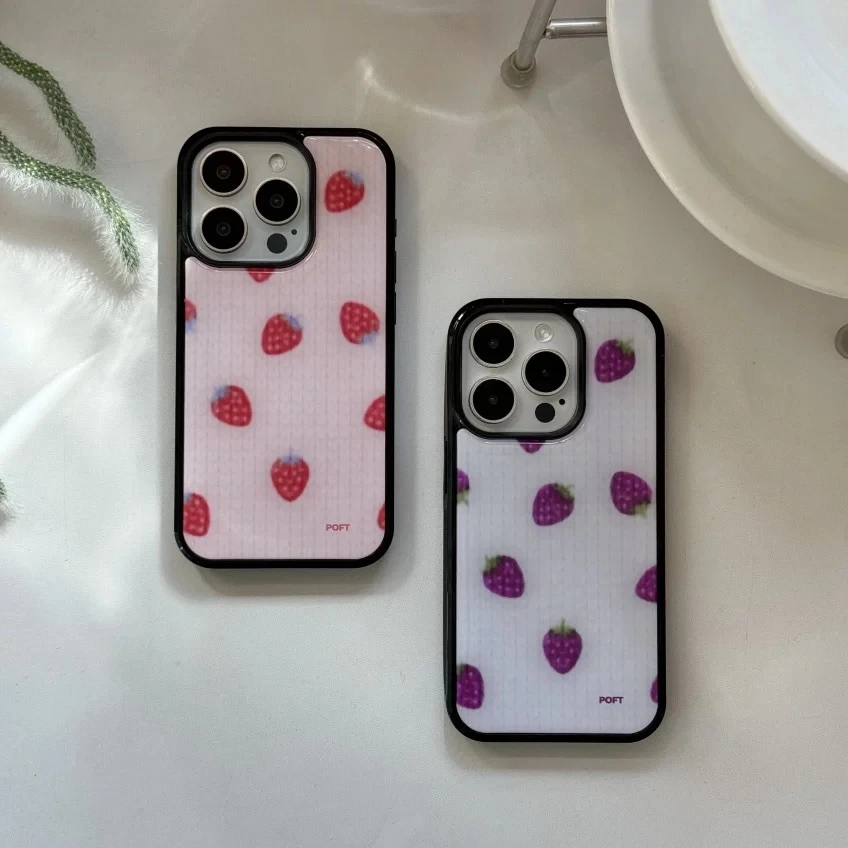 Korean Ins Pink And Red Strawberry Glossy Phone Case For Samsung Galaxy S23 S24 S25 S26 PLUS ULTRA FE EDGE Y2K Drop Glue Cover