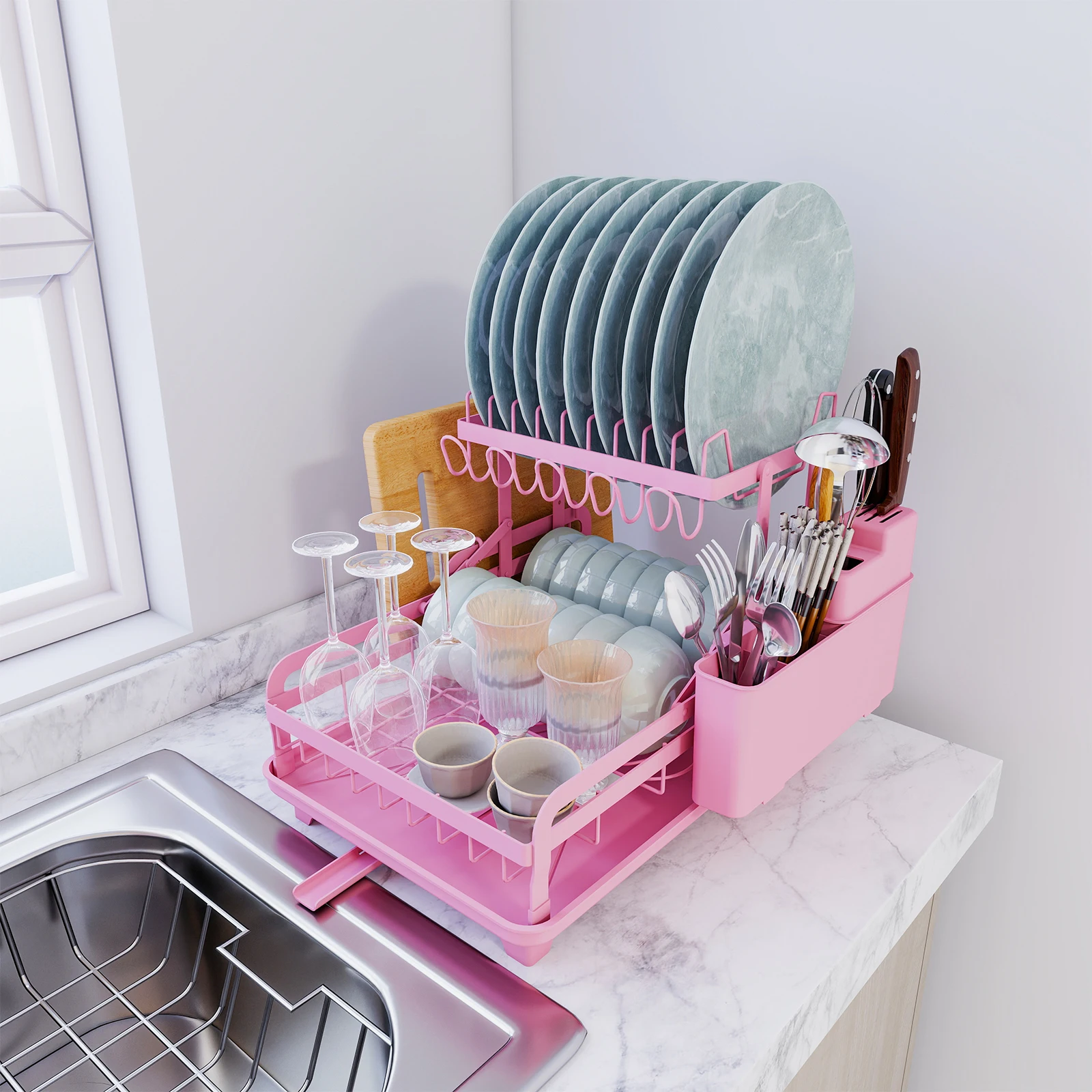 2 Tier Dish Rack, Kitchen Counter Dish Drying Rack, Pink Kitchen Appliance, No Drill Install, With Automatic Drainage System view 4