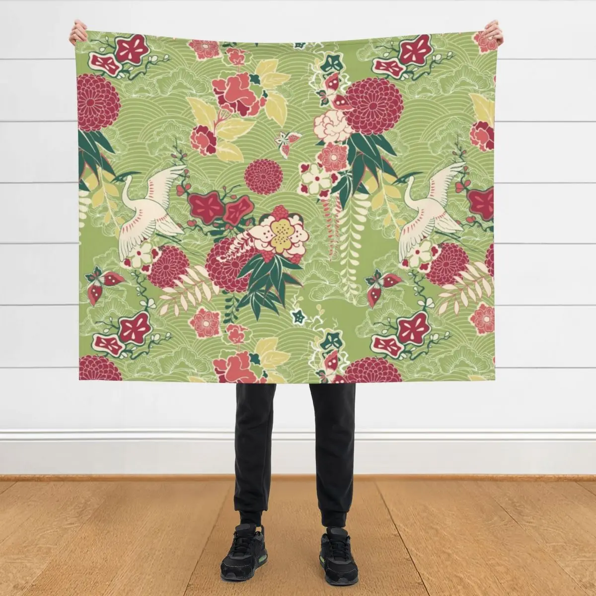 

Japanese pattern of flying heron surrounded by flowers Throw Blanket for winter Luxury Designer Baby Blankets