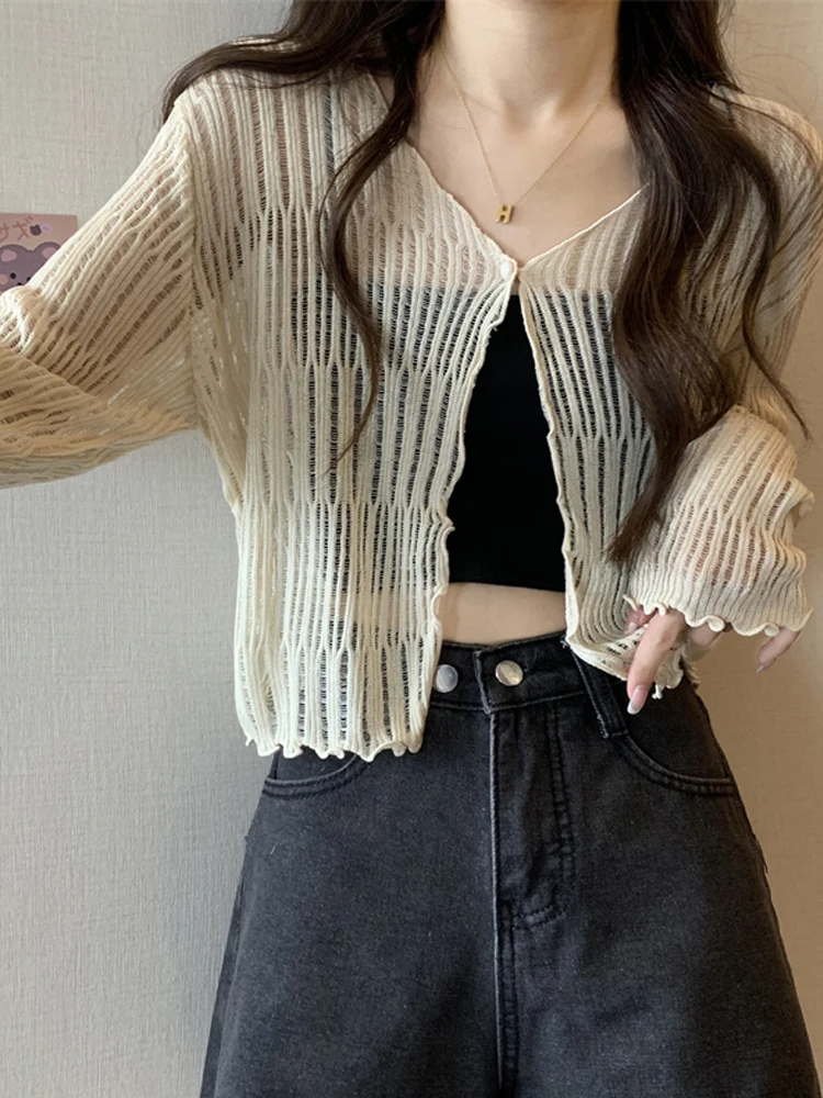 

Новый женский легкий вязаный кардиган с V-образным вырезом и длинными рукавами, защита от солнца, модный дизайн, универсальный, короткий.