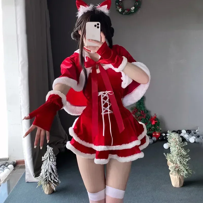 Cute Christmas Costume for Women Bunny Santa Uniform Plush Dress with Red Watch New Year Role Play Outfits Underwear