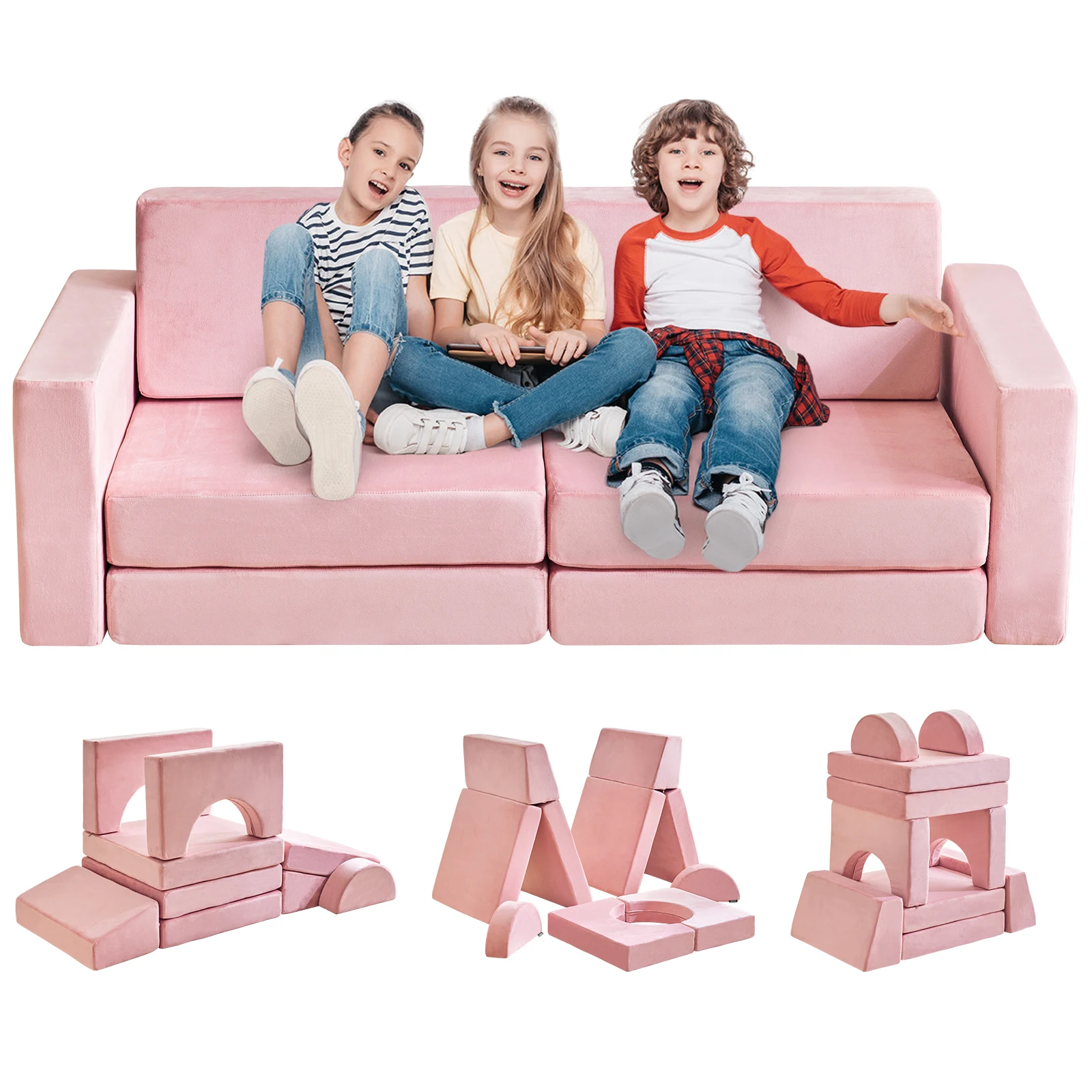 Redlife Modular Kids Play Couch 10PCS,Multifunctional Child Sectional Sofa Convertible Foam and Floor Cushion for Boys and Girls