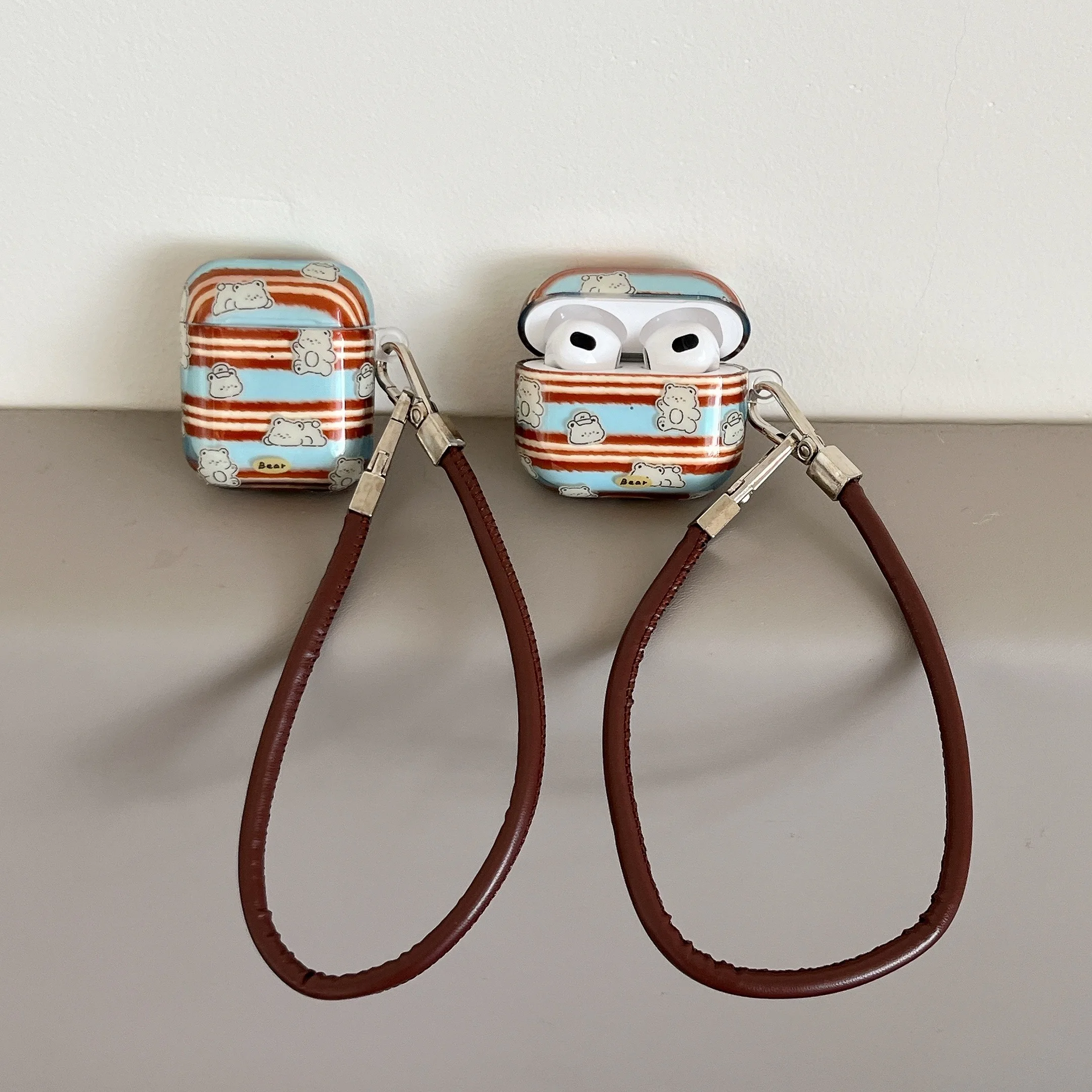 

Retro Blue Brown Grid Pattern Case for AirPods 4 Pro 3 2 1 Pro2 with Long Lanyard Pendant Shockproof Earphone Protective Cover