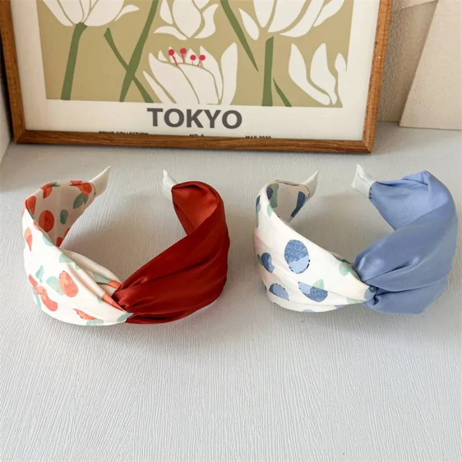 

Fresh Style Persimmon Printed Patten Wide Edge Headband Women's Sweet Cute Fabric Headband Fashionable and Versatile Headwear