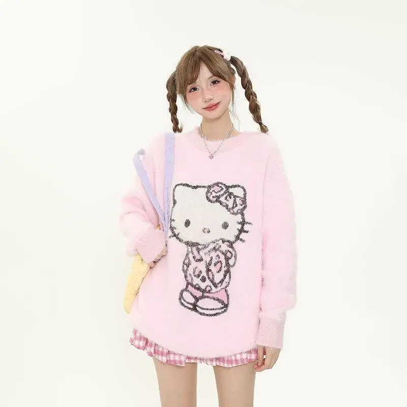

Sanrio Korean Version Hello Kitty Academy Knitted Sweater Knitted Fabric for Autumn Winter Outerwear Cute Sweet New Loose Lazy