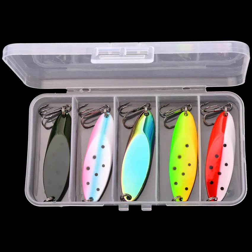 5PCS/Box Lure Metal Spinner Lure Spoon Set Gold Fishing Spinner Lure Sequins with Box Treble Hooks Fishing Tackle Hard Bait