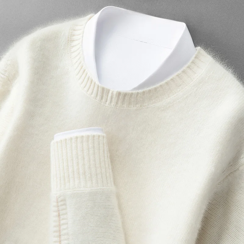 Sweter męski z czystego kaszmiru, podwójnie gruby, z okrągłym dekoltem, dzianinowa koszulka bazowa, biznesowy sweter w ciepłych kolorach z rękawami.