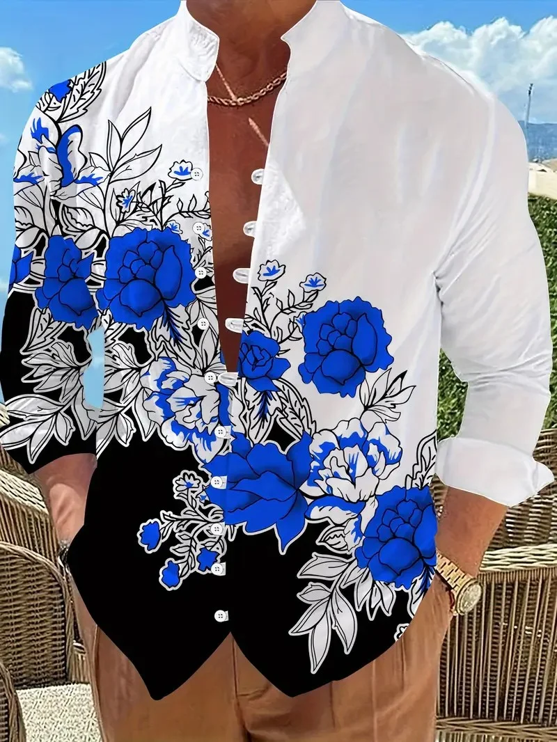 

Casual Men Linen Shirts New Print Button Shirt Fashion Stand Up Collar Loose Men's Shirts Streetwear Casual Beach2026