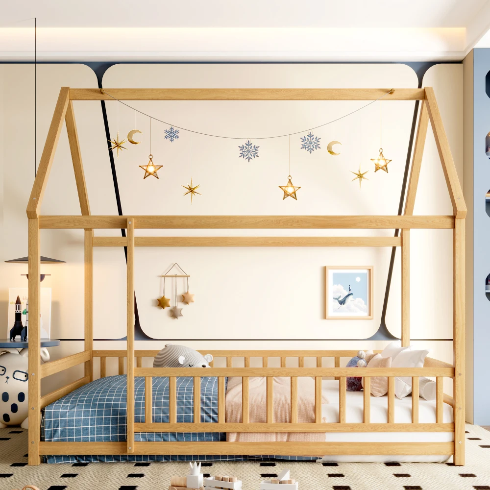 

Full Size Wooden Floor Bed with House Roof Frame Fence Guardrails Natural Children's Furniture