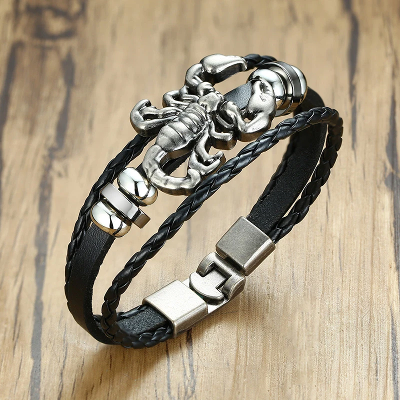 Vnox Vintage Scorpion Charm Bracelets for Men Layered Leather Bangle Gents Male Casual Jewelry