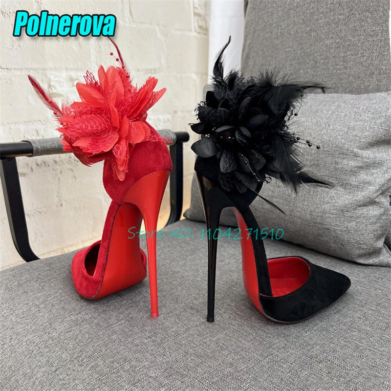 

Красные и черные замшевые туфли-лодочки на шпильке 14/16 см с перьями и цветочным дизайном, летние, новые, с неглубоким вырезом, заостренным носком, женские