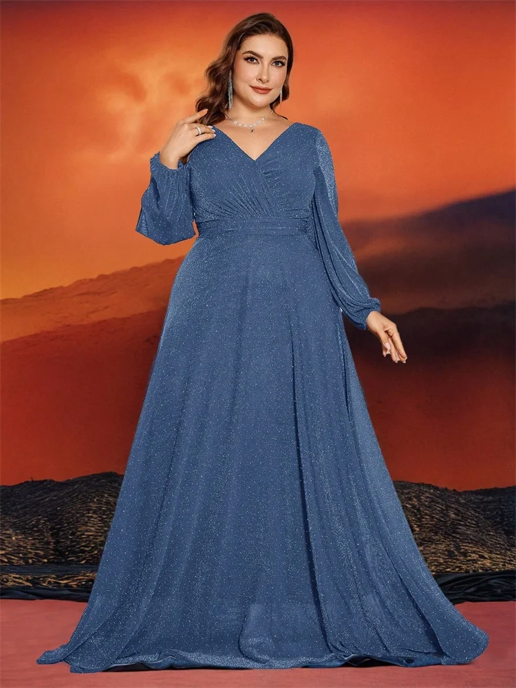 

Роскошное синее блестящее вечернее платье макси с V-образным вырезом и длинными рукавами для женщин, элегантное, для свадьбы, выпускного вечера, коктейльных вечеринок, 2025 год