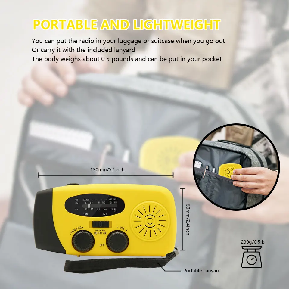 Emergency Portable Radio 2000mAh Solar Hand Crank Cell Phone Charger AM/FM Radio LED Flashlight Outdoor Indoor Light Night