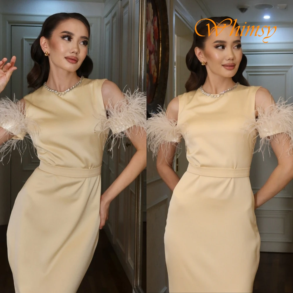 فستان سهرة رائع مخصص برقبة دائرية نصف كم عالي الجودة من الساتان لحفلات العودة للوطن فساتين حفلات ريش عصرية