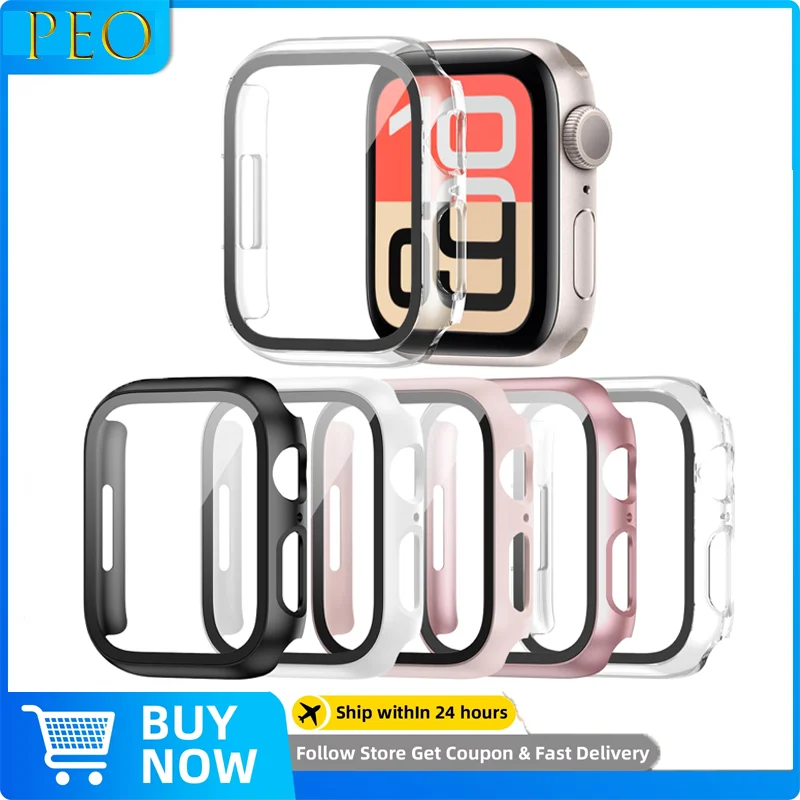 Gehärtetes Glas + Hülle für Apple Watch 38–40 mm, 41 mm, 42 mm, 44 mm, 45 mm, 46 mm, Displayschutzfolie, Schutzhülle, iWatch 11, 10, 8, 7, 9, 6 SE 5