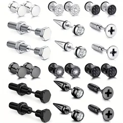 12 Pairs Stainless Steel Punk Screw Stud Earrings, Men's Helix Barbell Earrings Piercing Jewelry