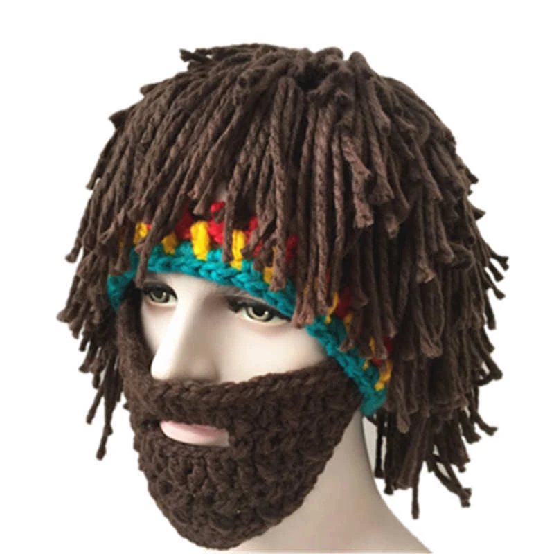 Funny Men Women Knit Bearded Hats Handmade Wig Winter Warm Ski Mask Beanie Rasta Hat with Dreadlocks Christmas Halloween Caps