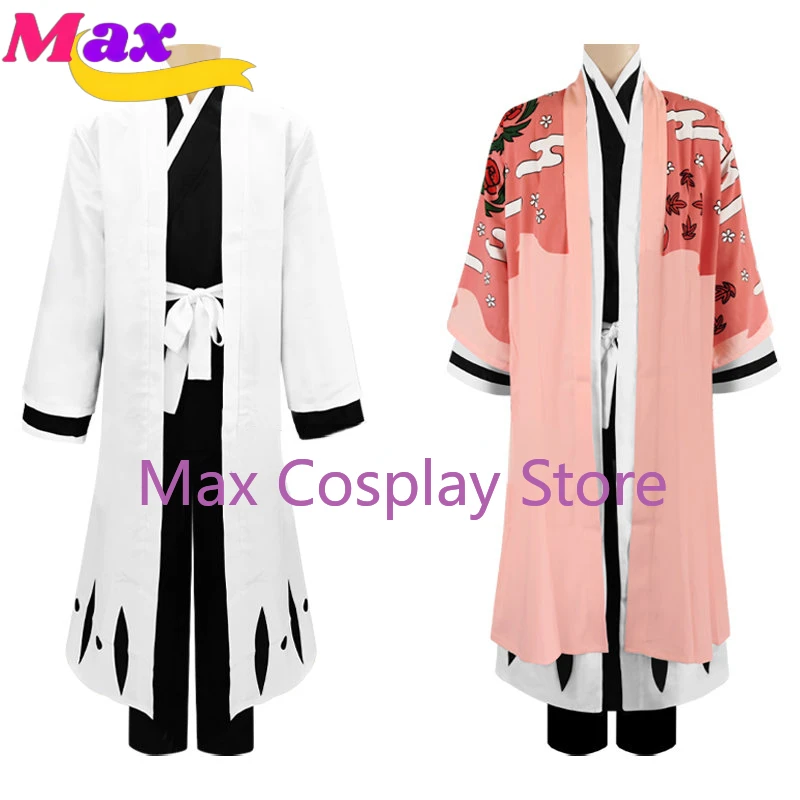 Max Cos Anime Kyoraku Shunsui Costume Cosplay mille anni Blood War Kimono rosa nero Shinigami abbigliamento Outfit mantello scarpe