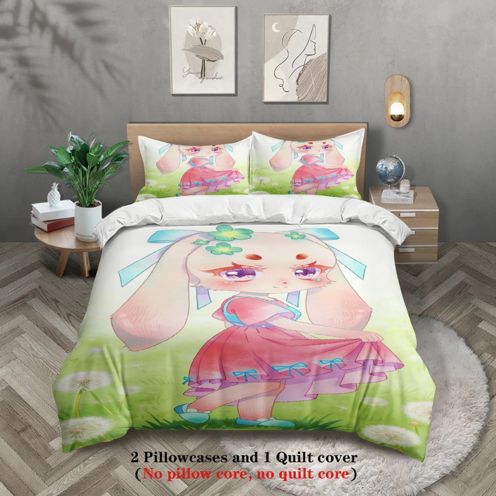 

Softville Cozy Town 3PC Bedding Sets Lop Rabbit Dandelion Grassland Printed Duvet Cover No filling Cartoon Style Queen King Size