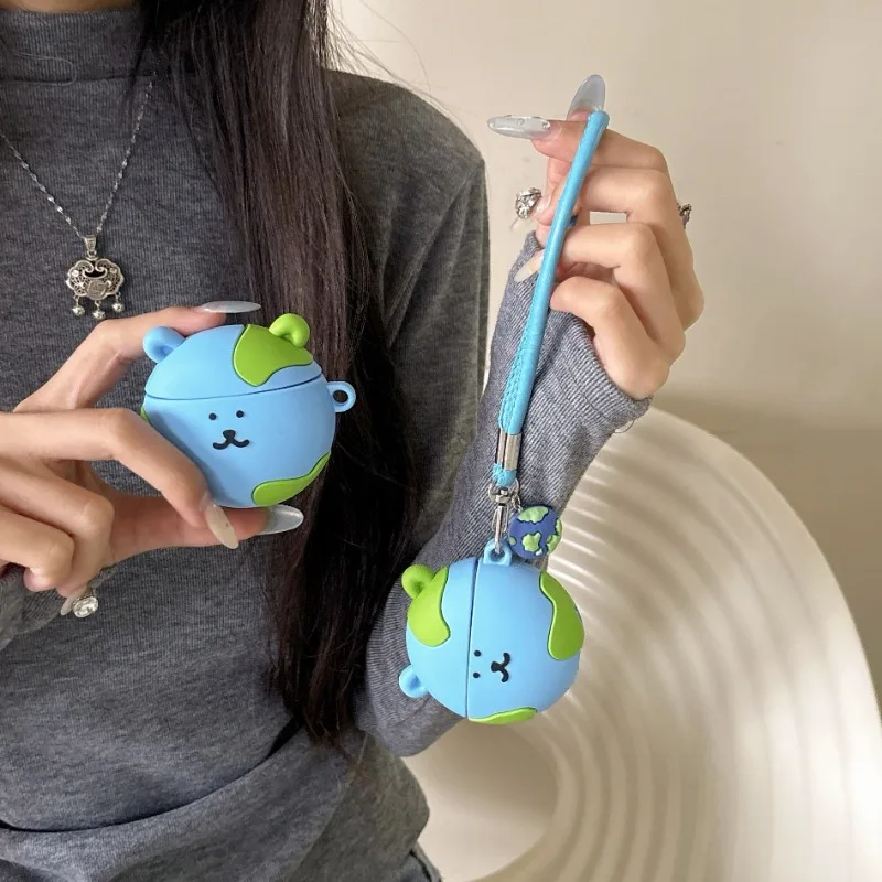 

For Apple AirPods 1 2 3 4 Pro 2 Case 3D Cute Cartoon The Earth bear Silicone Earphone Protective Cases With Wrist Strap Cover