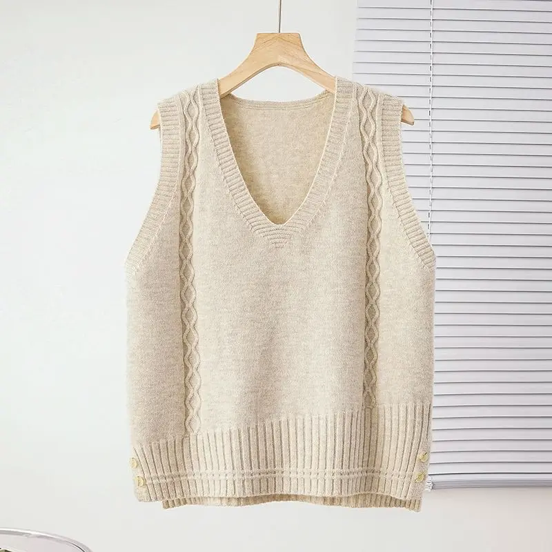 Knitted Vest for Women's Autumn Wear New V Neck Fried Dough Twists Knitting Sweater Loose Vest Top