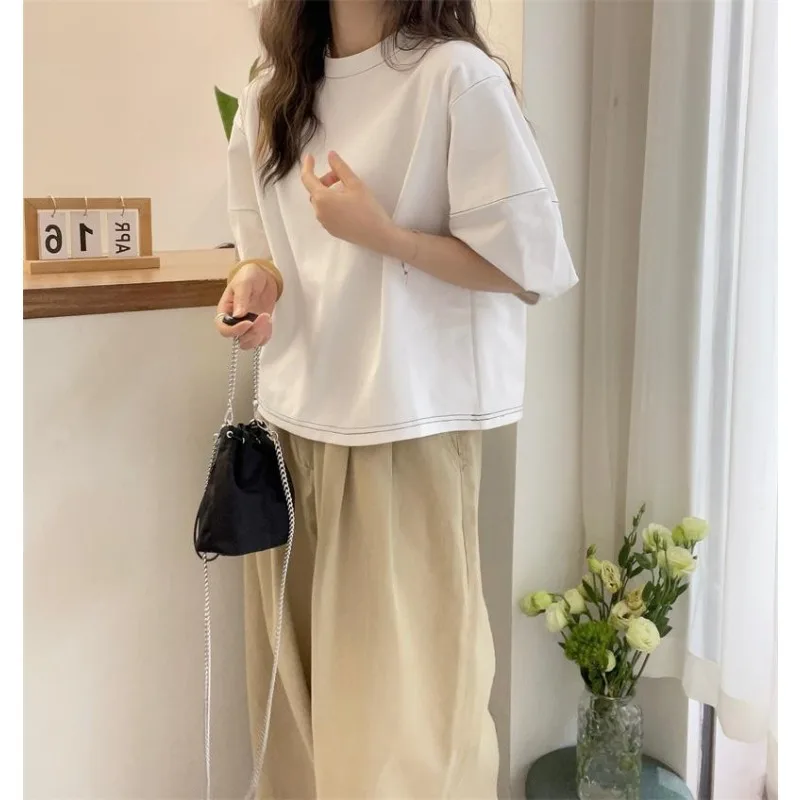 Camiseta de manga corta de algodón puro con cuello redondo y manga abombada, estilo holgado y perezoso, novedad de verano
