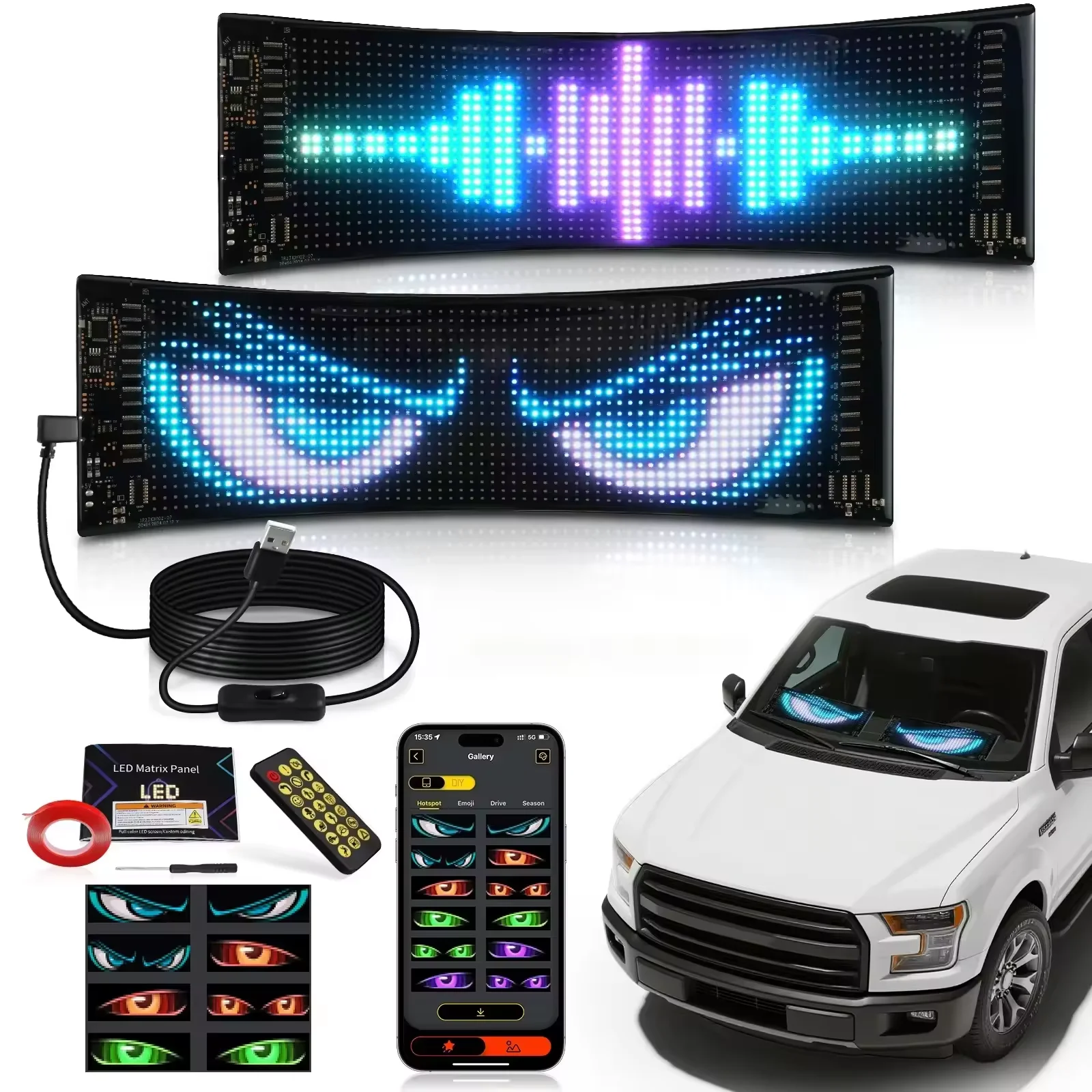 Dynamic “Magic Eye” LED Panels, Programmable and Controllable via a Bluetooth App, Are Ideal for Decorating the Front and Rear Windshields of Cars and Make the Perfect Gift for Men.