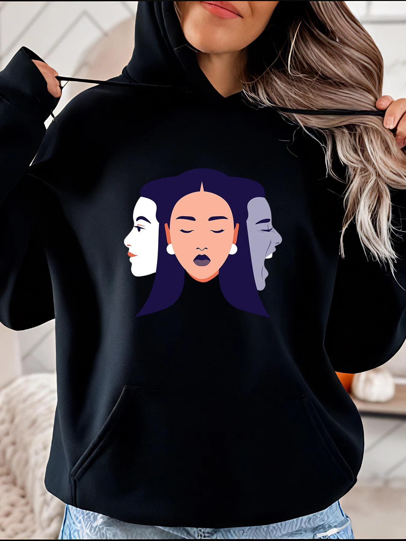 

Женская толстовка с капюшоном и принтом «три лица», повседневная модная уличная толстовка, женская 280