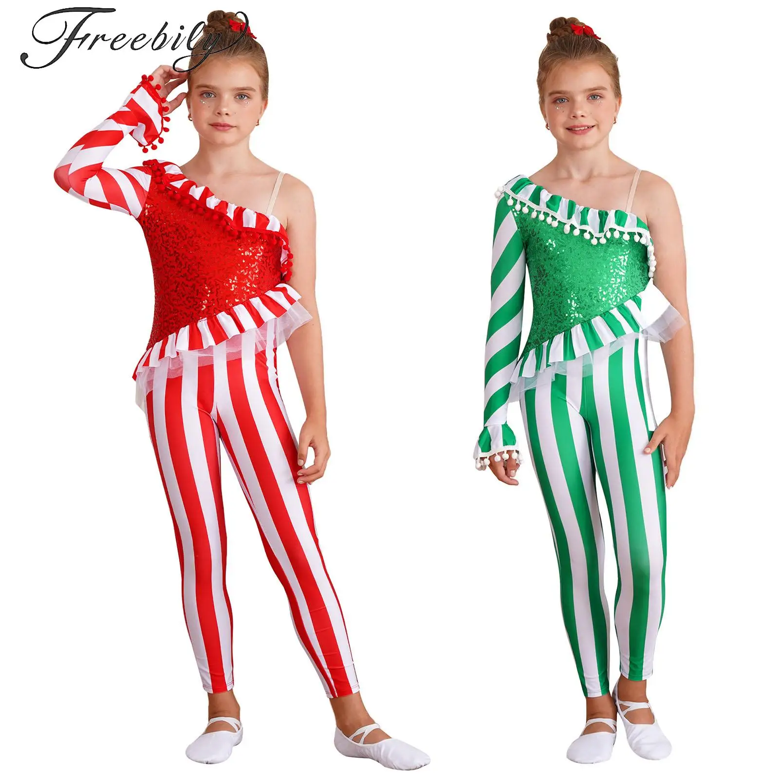 

Kids Girl Figure Skating Jumpsuit Bodysuit One Shoulder Candy Cane Striped Christmas Ballet Dance Rhythmic Gymnastics Leotard