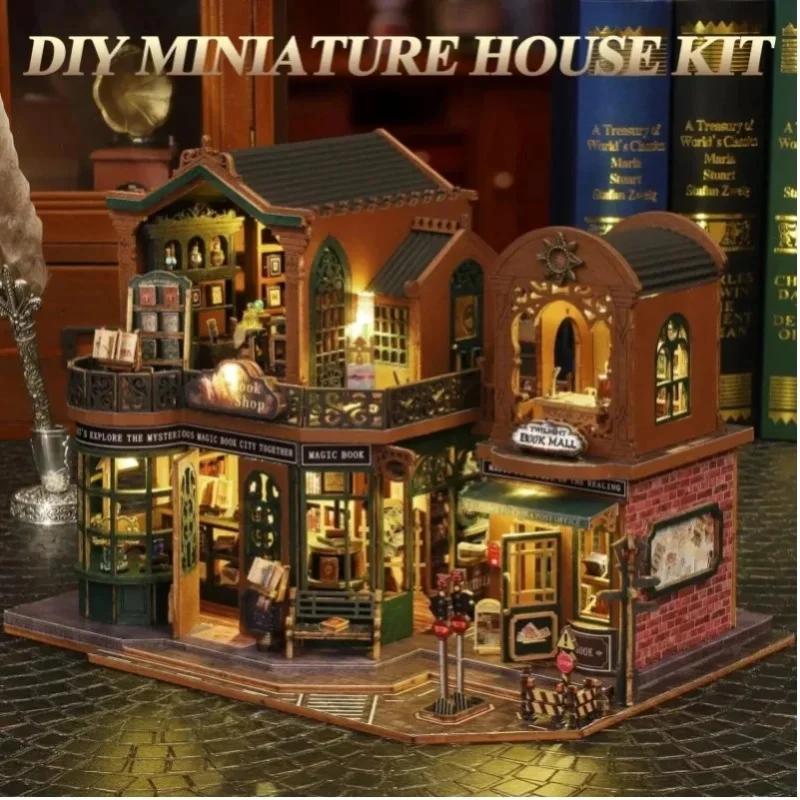 Twilight Book-City 3D DIY Drewniany Model Księżyca w Kształcie Księgi, Zestaw do Samodzielnego Złożenia, Ręcznie Robiona Miniatura, Dekoracja na Półkę, Ozdoba, Prezent dla Zakochanych i Przyjaciół — 2