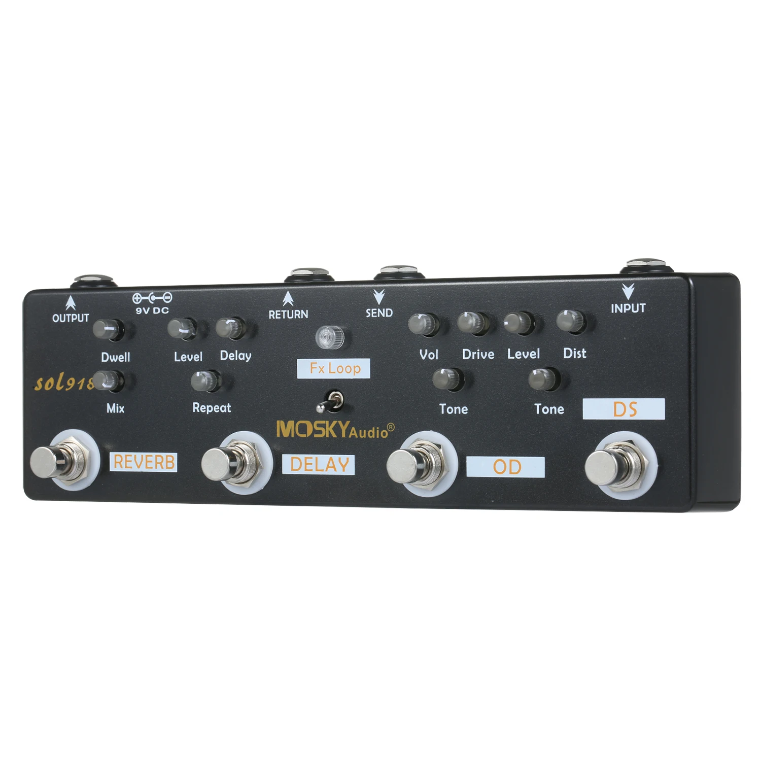 MOSKY Audio SOL918 Guitar Multi Effects Pedal, Distortion Overdrive Delay Reverb 5 Effects, FX Loop True Bypass Metal for Bass