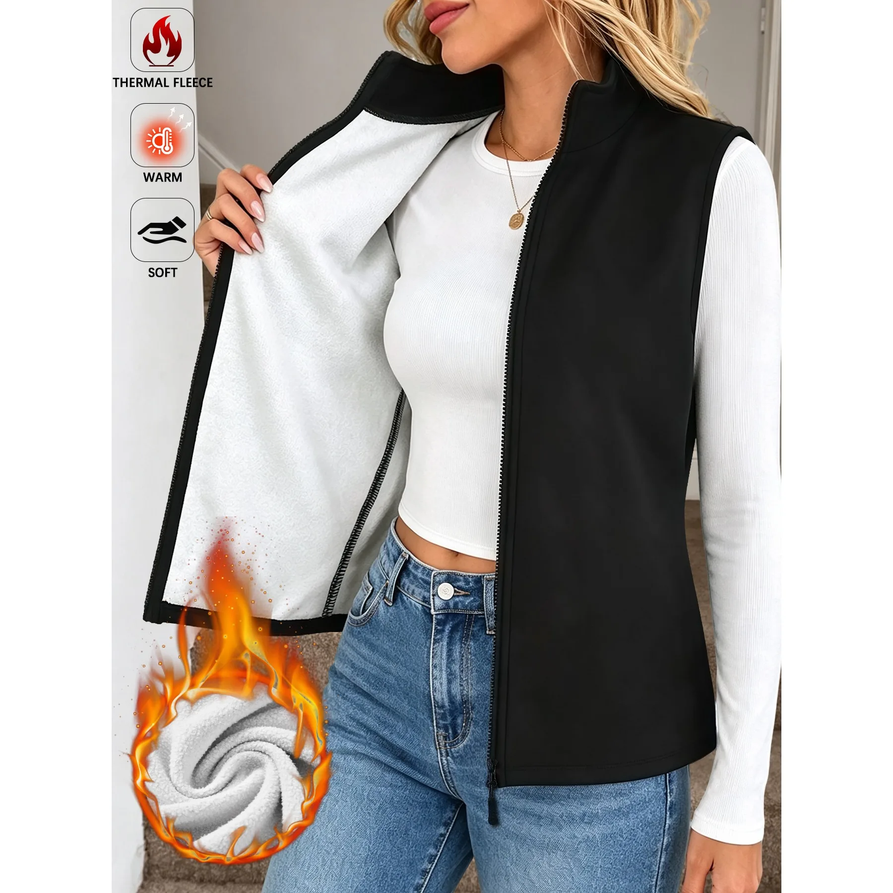 Fleece-Weste für Damen, dick, weich, mit Stehkragen, Reißverschluss, lässige Weste für den täglichen Gebrauch im Winter. – Detail 2