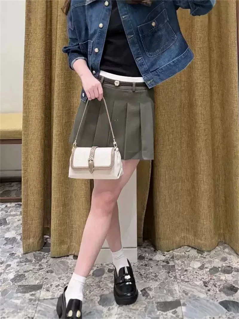 Women Contrasting Patchwork High Waist Pleated Shorts Skirt Metal Buckle Belt 2026 Autumn New Ladies A-Line Fashion Culottes