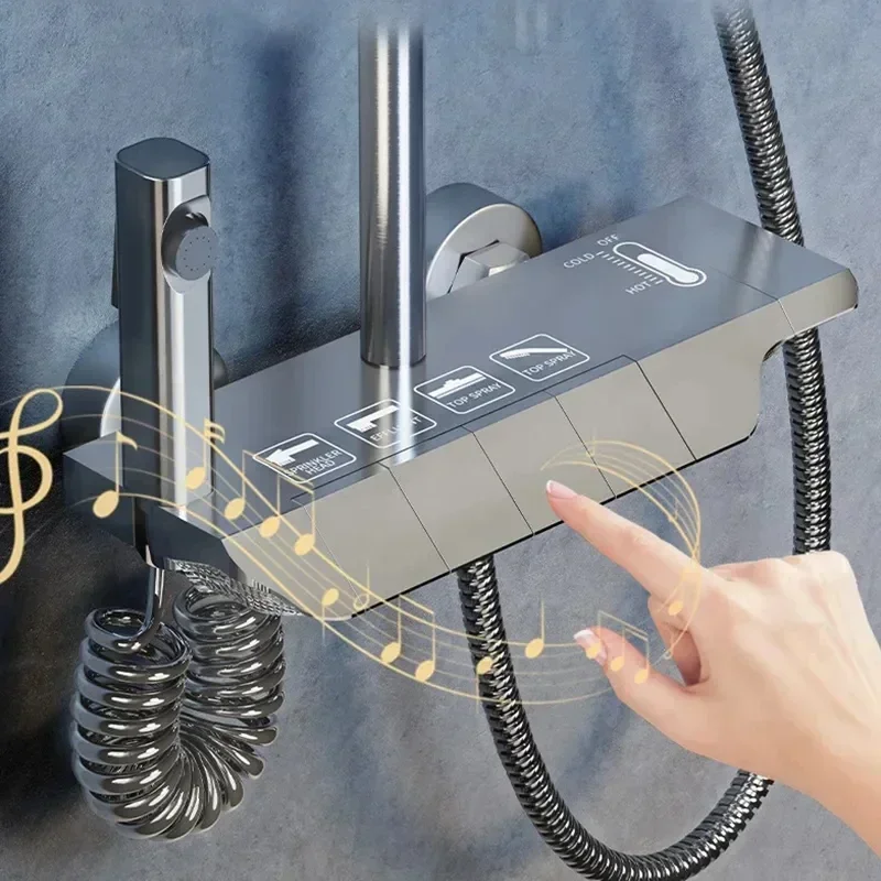 

Shower Set Four Functions Intelligent Digital Display Shower System Rainfall Pressurised Wall Mounted Piano Key Shower Mixer Set