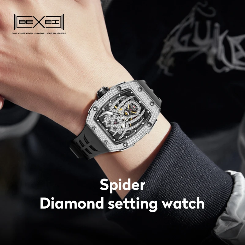 BEXEI New Men Automatic Mechanical Watches Diamond Bezel Men Watch Rubber Band Fashion Skeleton luminous Watches Sapphire Glass - Image 4