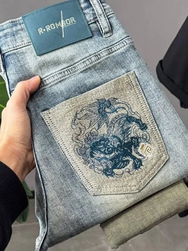 

Рваные джинсы с вышивкой Ele, мужские облегающие повседневные длинные брюки, новые летние модные брендовые эластичные удобные джинсы