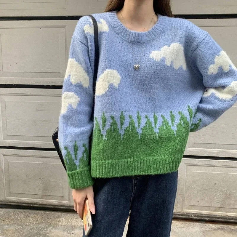 Women's Harajuku Sweater Retro Fashion Chic Cute Knit Korean Blue Sky and White Cloud Pullover 2022 Casual Loose Y2k Sweater New