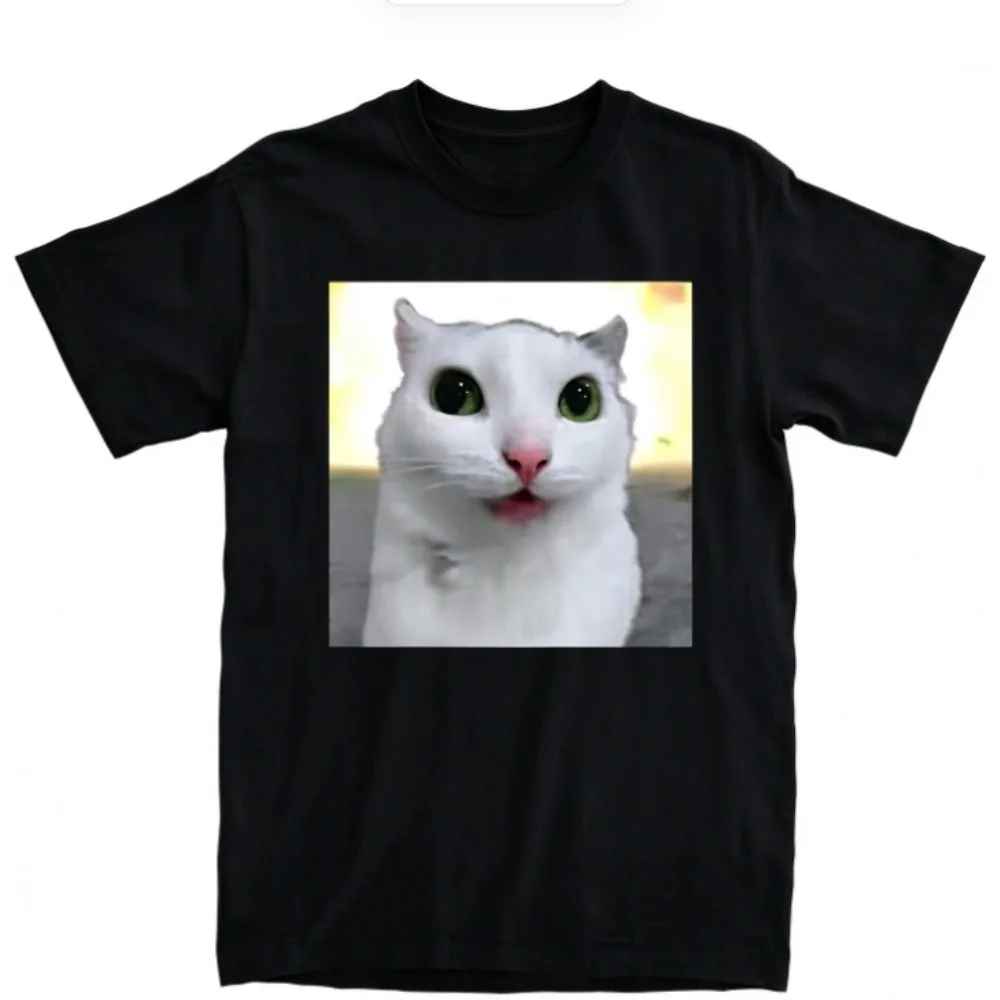 Women Funny Meme White Cat Graphic T-Shirt, Cute Big Eyes Surprised Cat Print Crew Neck Short Sleeve Casual Cotton Tee