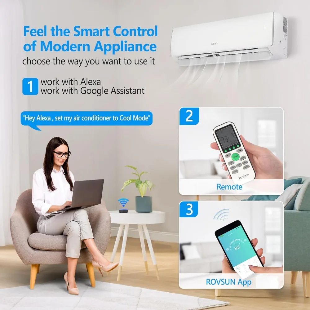 11000 BTU Wifi Enabled Mini Split Air Conditioner & Heater, Inverter Bezkanałowy moduł ścienny AC z wstępnie naładowanym skraplaczem, pompa ciepła