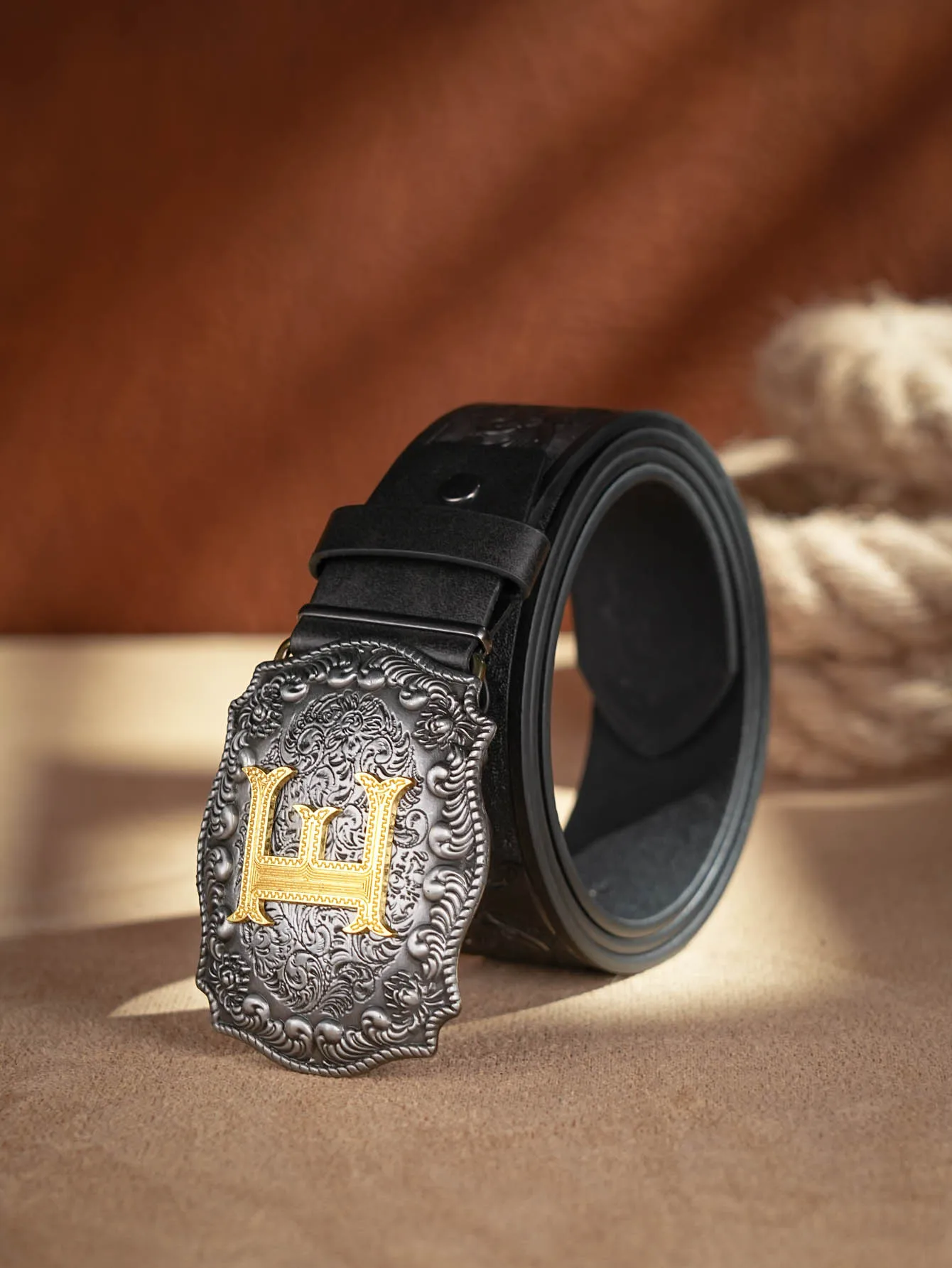 Western Cowboy PU-Ledergürtel – Herren-Hüftgurt, Stier-Dekoration, Blumenmuster, graviert für Jeans – Detail 10