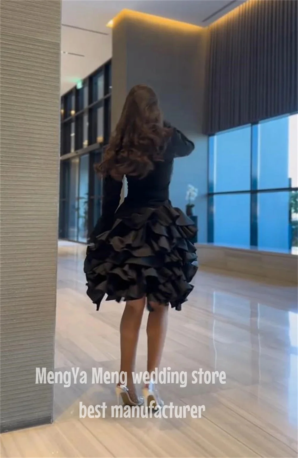 Elegante sexy vestidos de cocktail preto cetim babados a linha com decote em v na altura do joelho vestido elegante vestido de festa mulher vestidos personalização