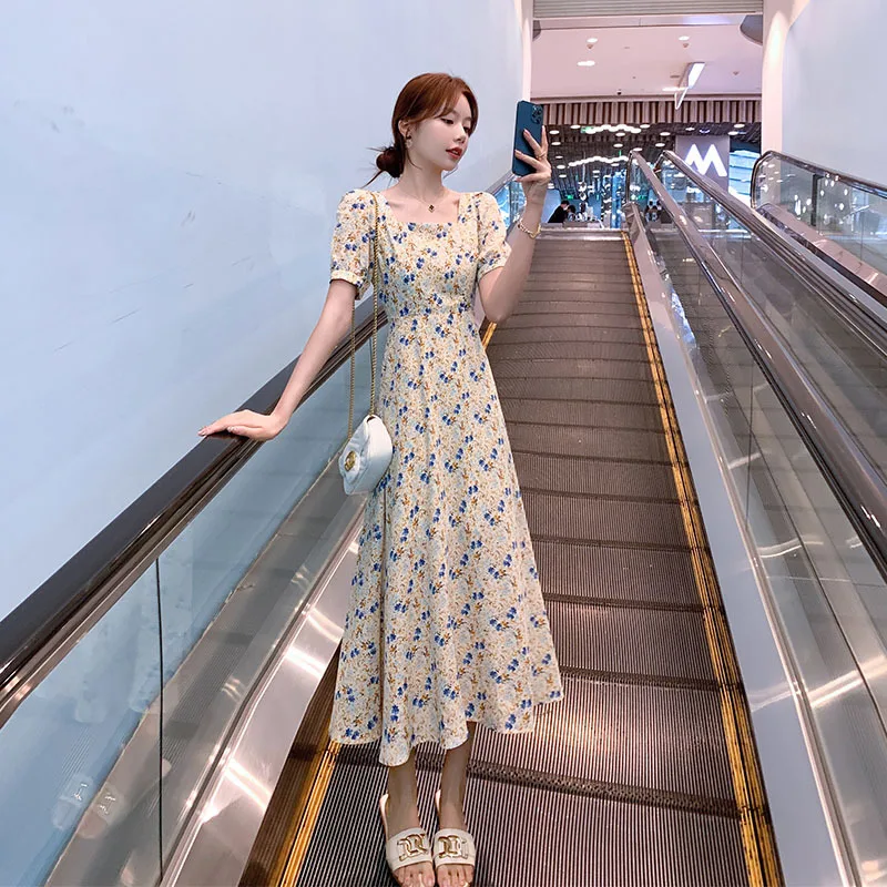 

Women's Dresses Square Neck Short Sleeve Vintage Print Floral Long Dress Causal Versatile Comfort Summer Fashion 2024