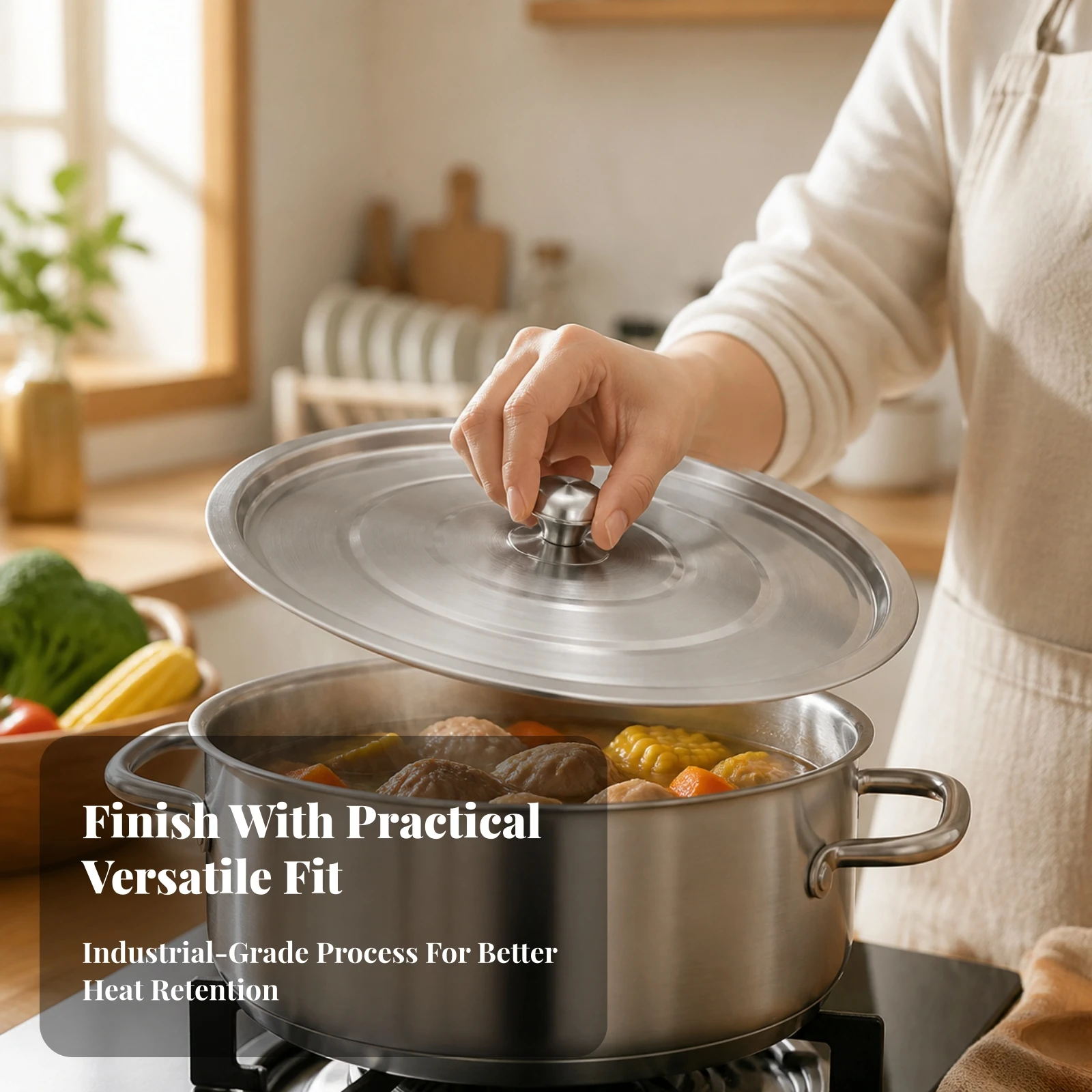 Round Stainless Steel Cookware Lid Food Grade Cookware Lid with Raised Central Knob Easy to Clean Ergonomic Handle