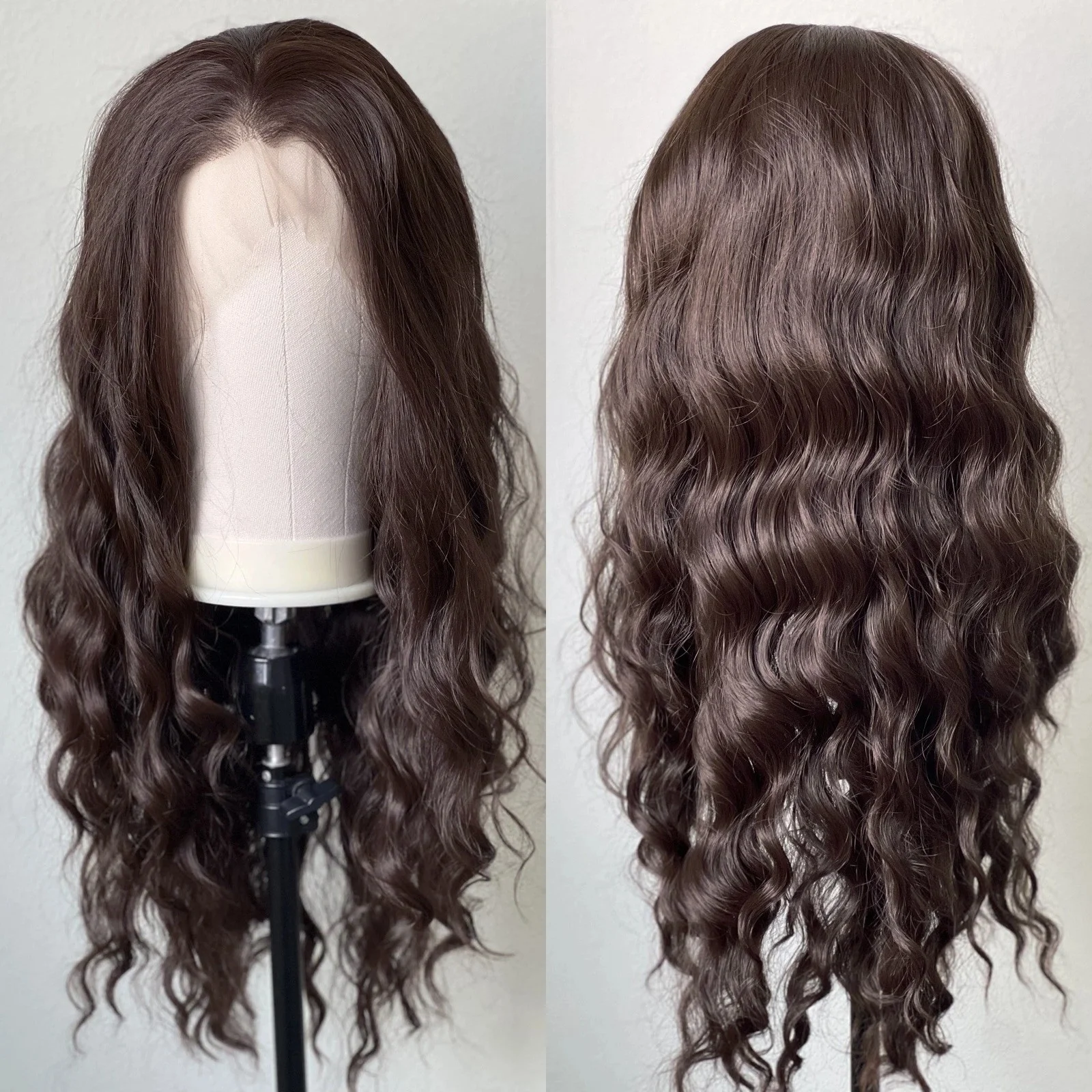 Long Brown Curly Wavy Wigs for Women Free Part Deep Wave Chocolate Brown Glueless Loose Curly Synthetic Hair Brunette Daily Use